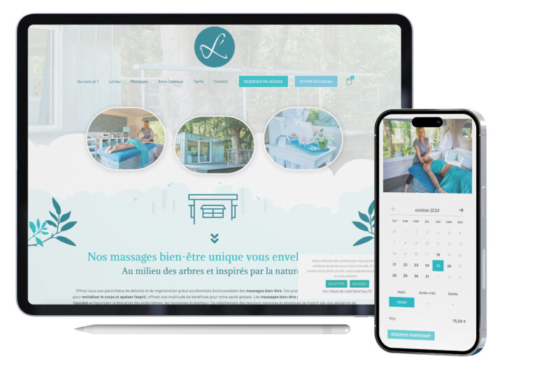 Studio graphique, création de site internet pour un salon de massage. Système de réservation, de cartes cadeaux et paiement instantané en ligne. Synchronisation des agendas...